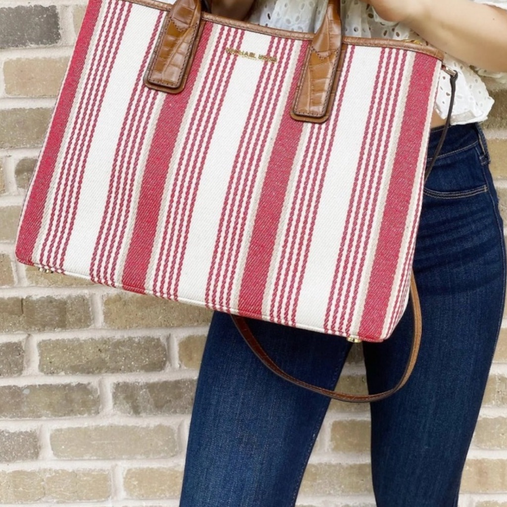 Michael By Michael Kors Greenwich Coral Reef Striped Canvas & Leather Tote Nwt